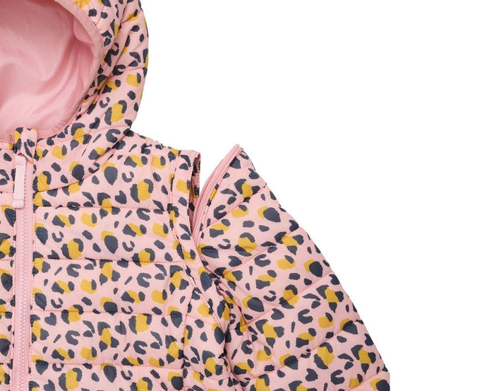 Close up detachable sleeve of  Snapper Rock - 2 in 1 Puffer Jacket & Vest - Leopards - Available at www.tenlittle.com
