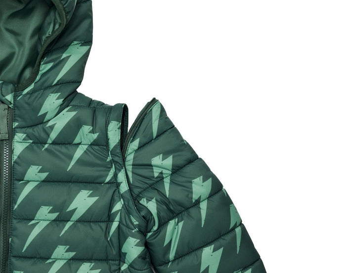 Close up detachable sleeve of Snapper Rock - 2 in 1 Puffer Jacket & Vest - Lightning Bolt - Available at www.tenlittle.com