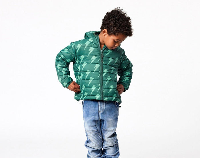 Boy wearing Snapper Rock - 2 in 1 Puffer Jacket & Vest - Lightning bolt  - Available at www.tenlittle.com