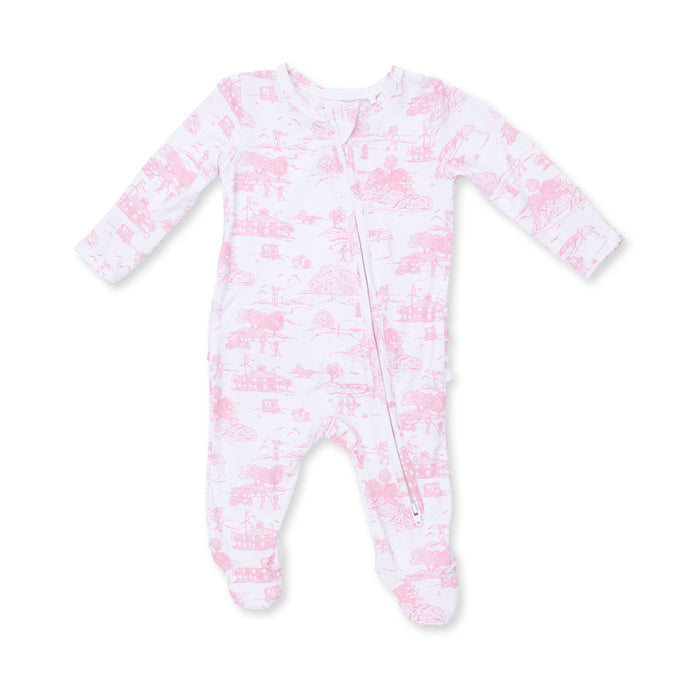 2 Way Ruffle Back Zipper Footie-Golf Toile Pink