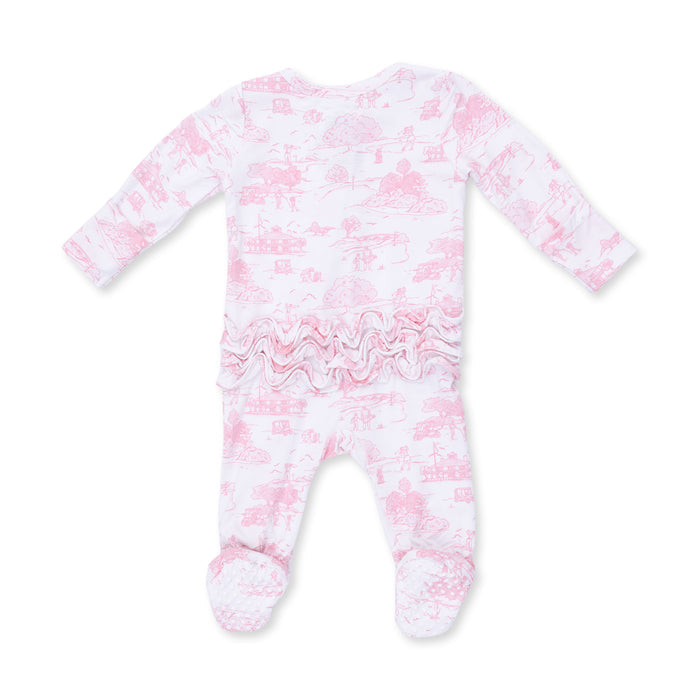 2 Way Ruffle Back Zipper Footie-Golf Toile Pink