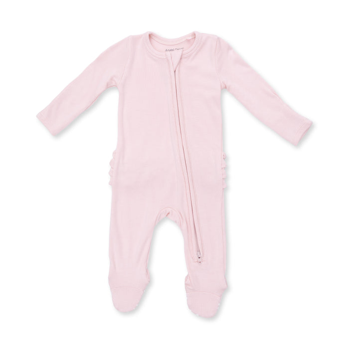 2 Way Ruffle Back Zipper Footie-Solid Veiled Pink Rib