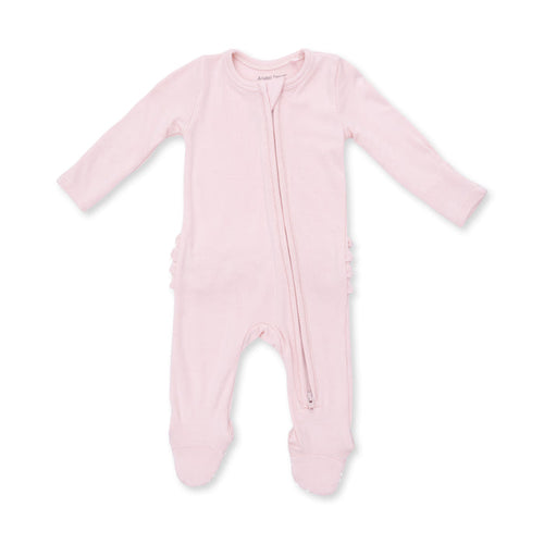 2 Way Ruffle Back Zipper Footie-Solid Veiled Pink Rib