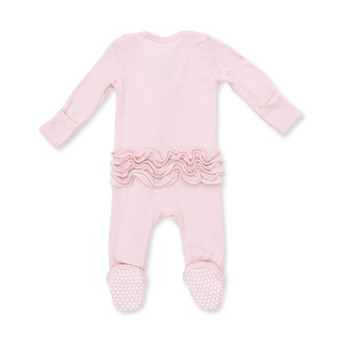 2 Way Ruffle Back Zipper Footie-Solid Veiled Pink Rib