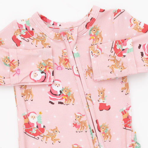 2 Way Ruffle Back Zipper Footie-Vintage Reindeer & Santa Pink