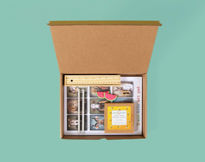 Inside the box - Eco-kids Activity Craft Kit -Includes: Art pad, 2 Pencils, 2 Erasers, 1 Sharpener, Box of crayons and a pencil case ruler. Available at www.tenlittle.com