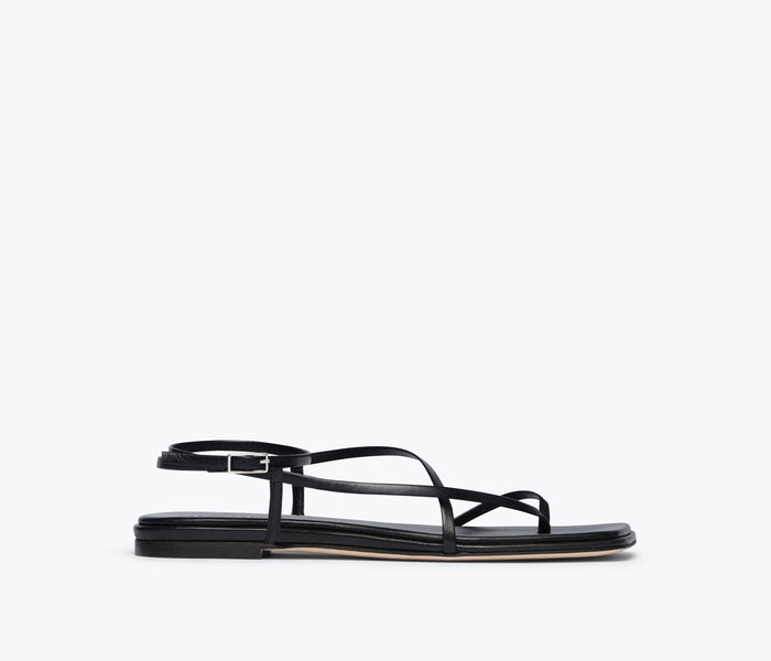 Freda Salvador Alexia black calf leather sandal with open toe and ankle strap, shown from the front.