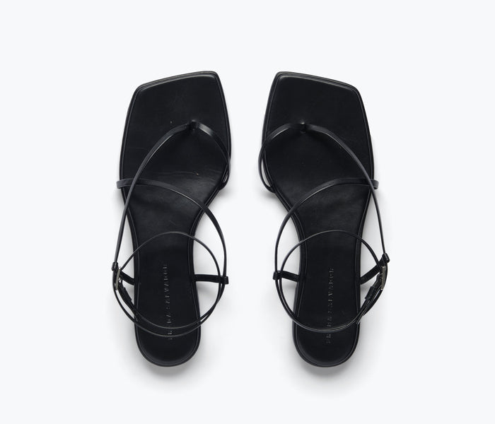 Black calf leather Alexia sandal by Freda Salvador with open toe and ankle strap, shown from the top view.