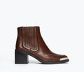 FREDA SALVADOR Amelie square toe ankle boot in umber leather, front view showing sleek design and square toe shape.