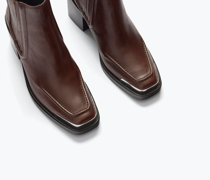 Freda Salvador Amelie square toe ankle boot in umber calf leather with detailed stitching and sleek silhouette.