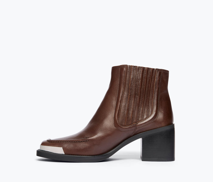 FREDA SALVADOR Amelie square toe ankle boot in umber leather, showing inside view with sleek design and square toe shape.