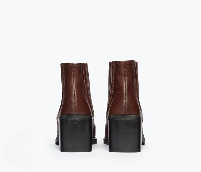 Freda Salvador Amelie square toe ankle boot in umber leather with calf-height heel and sleek design.
