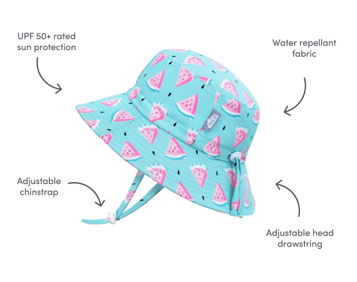 Features of Jan & Jul AquaDry Bucket Hat - Watermelon. Available at www.tenlittle.com