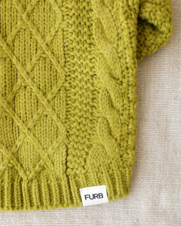 Aspen Chartreuse Cable Knit Sweater, dog sweater for stylish dogs with chartreuse cable knit