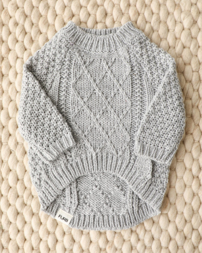 Aspen grey cable knit dog sweater, soft and cozy for everyday wear, stylish for French bulldogs, pugs, and beagles