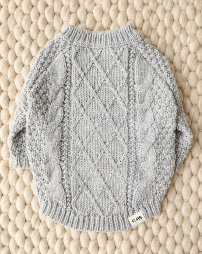 Classic grey cable knit dog sweater offering warmth and comfort, perfect for dachshunds, cavapoos, and shih tzus