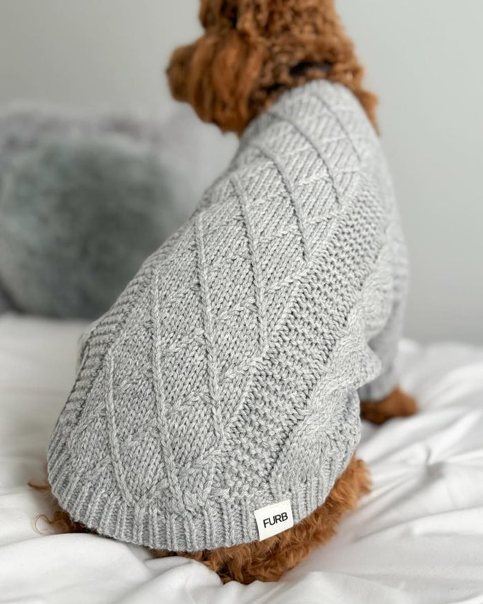 grey cable knit dog sweater social media lifestyle photo