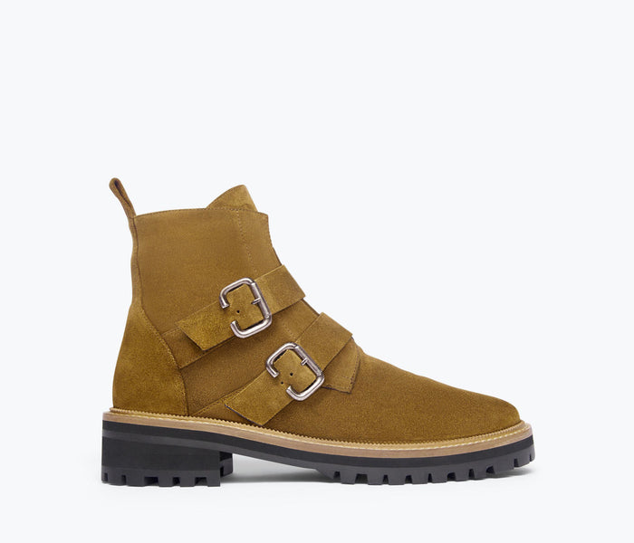 Freda Salvador Athena Moto Boot with acorn-colored leather, front view showing sleek design and sturdy sole.