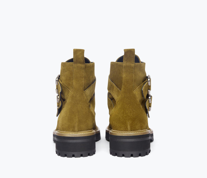 Freda Salvador Athena Moto Boot in acorn color, back view showing sleek leather design and sturdy heel.