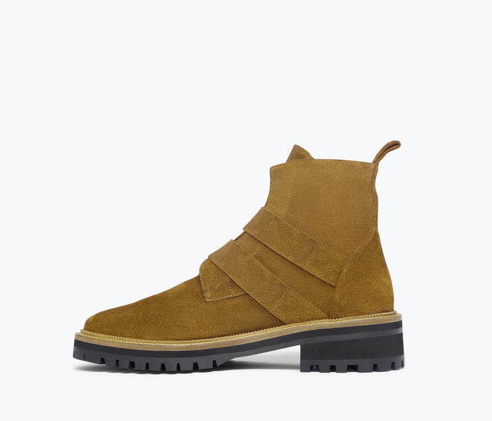 Freda Salvador Athena Moto Boot with inside view showing tan leather and sturdy sole, stylish ankle boot for women.