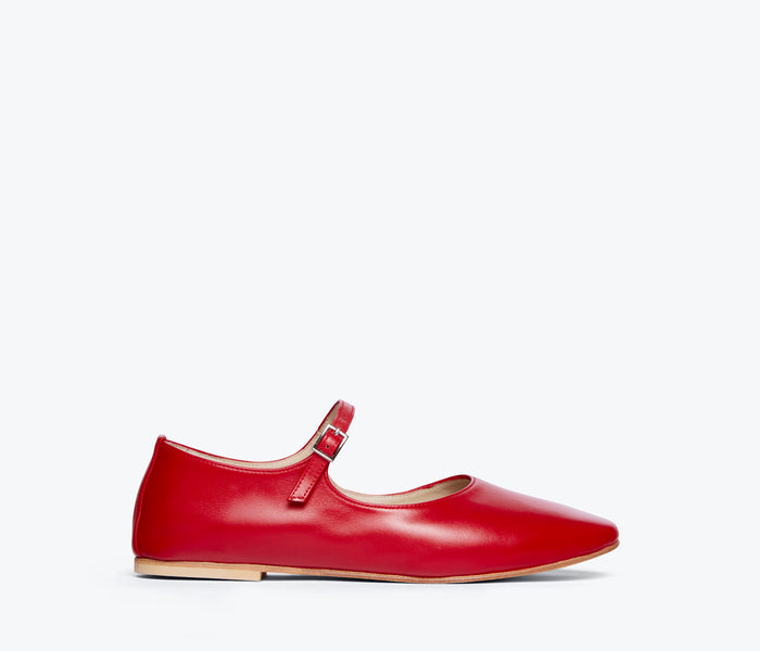 Red FREDA SALVADOR Aubrey Mary Jane flat shoe with a pointed toe and strap, displayed from the front view.