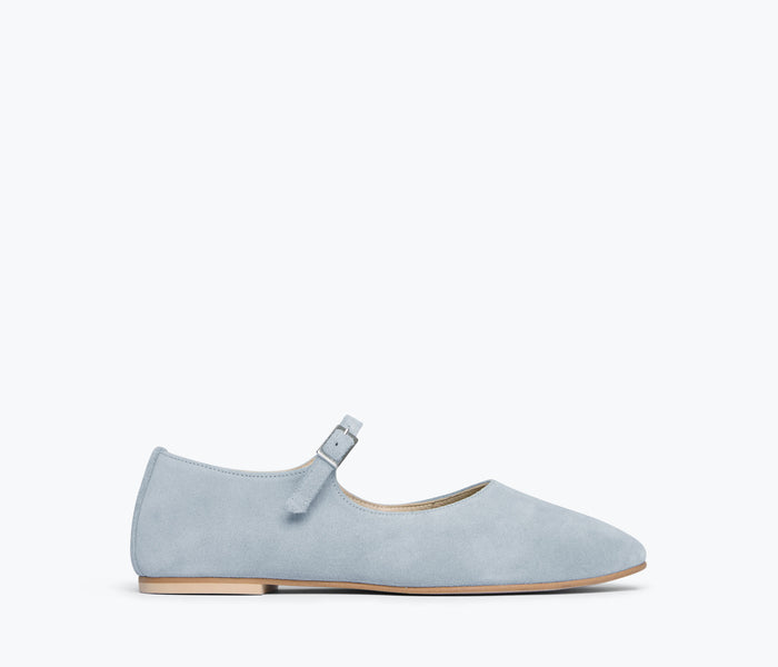 Freda Salvador Aubrey Mary Jane flat in blue suede, showing the front view with rounded toe and stylish strap detail.