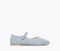 Freda Salvador Aubrey Mary Jane flat in blue suede, showing the front view with rounded toe and stylish strap detail.