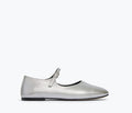 Silver FREDA SALVADOR Aubrey Mary Jane flat with a rounded toe and ankle strap, shown from a front view.