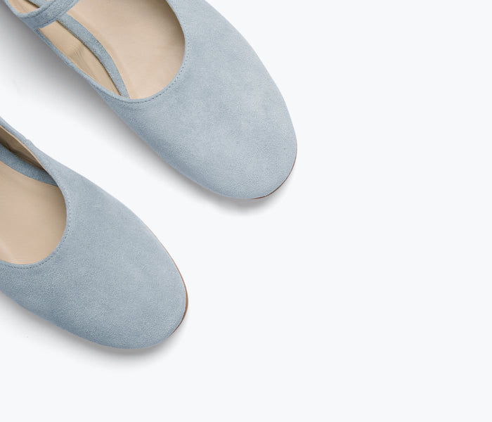 Freda Salvador Aubreymary Jane flat in blue suede with rounded toe and low heel, stylish slip-on shoe for women