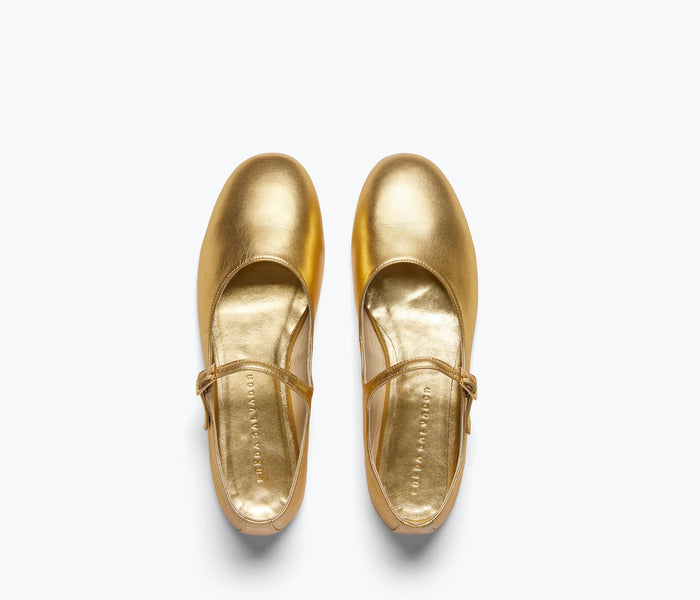 Freda Salvador Aubrey Mary Jane flat in gold calf leather with a rounded toe and strap detail, stylish and comfortable footwear.