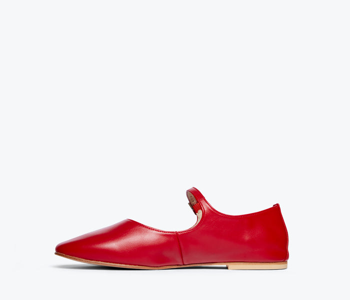 Red Freda Salvador Aubrey Mary Jane flat with a sleek design and closed toe, shown from the inside angle.