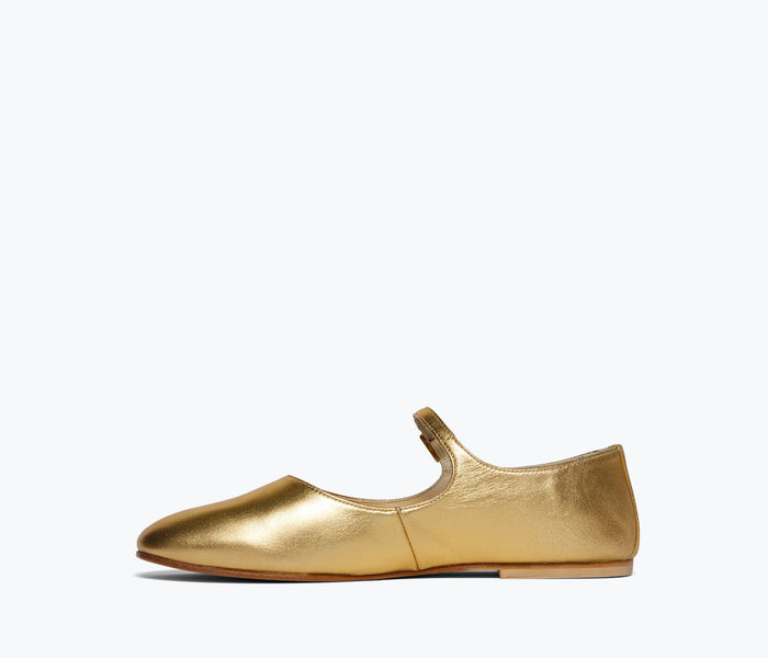 Freda Salvador Aubrey Mary Jane flat in gold calf leather, showing the inside view of the stylish flat shoe.