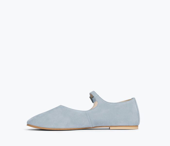 Freda Salvador Aubrey Mary Jane flat in blue suede with inside view showing comfortable design and stylish craftsmanship.