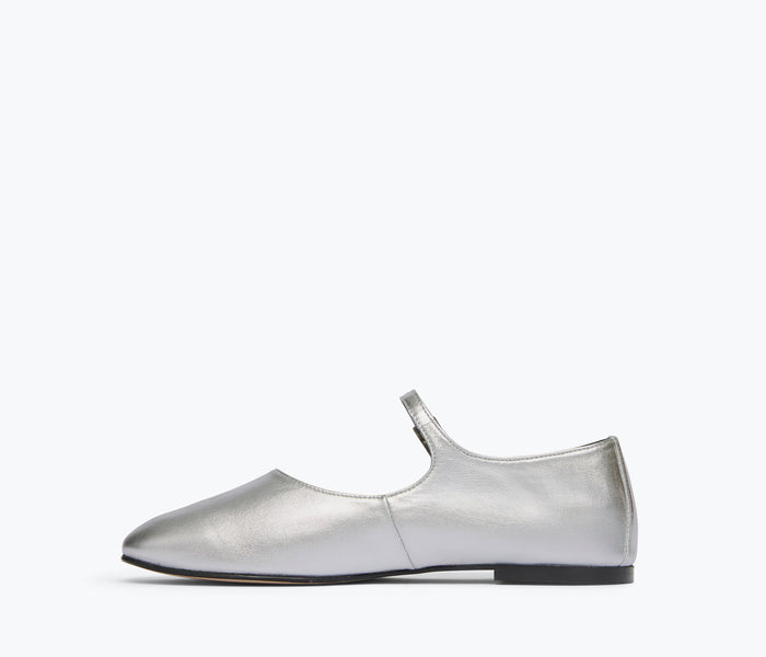 Silver Aubrey Mary Jane flat by Freda Salvador, showing the inside view of the stylish, comfortable flat with a sleek design.