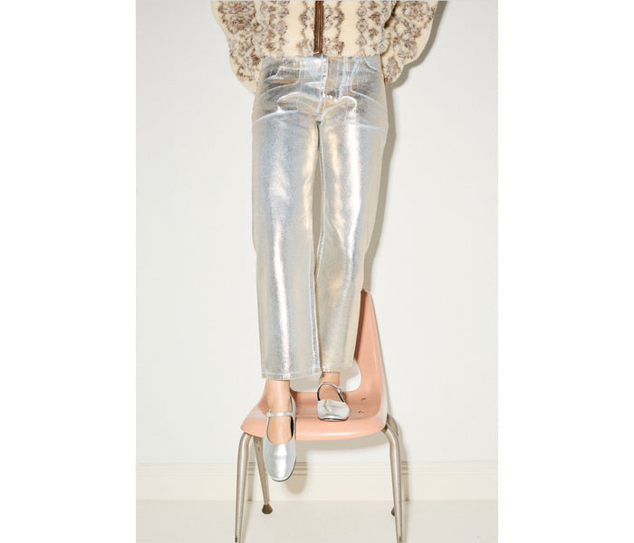 Silver Aubrey Mary Jane flat by Freda Salvador, featuring a sleek design and classic strap detail, perfect for casual or dressy outfits.