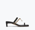 Black FREDA SALVADOR Aurora sandal heel with calf chain detail, showing the front view of the stylish heeled sandal.