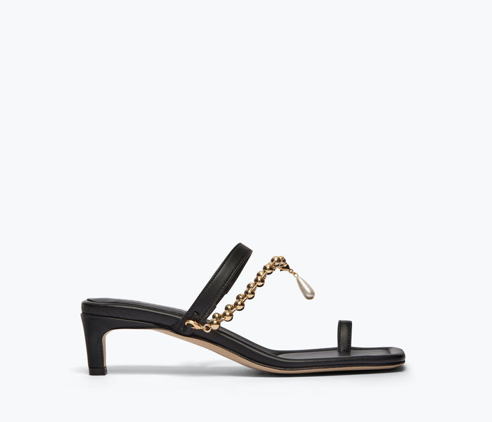 Black FREDA SALVADOR Aurora sandal heel with calf chain detail, showing the front view of the stylish heeled sandal.