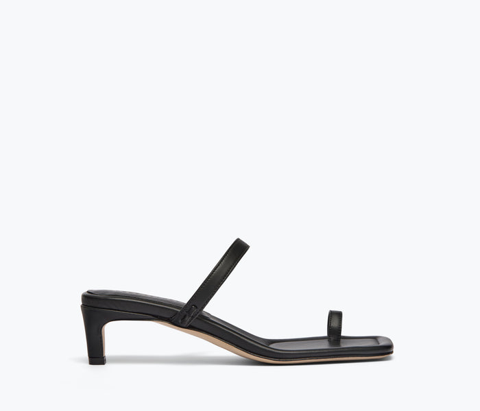 Freda Salvador Aurora black calf leather heel sandal with front view showing sleek design and pointed toe.