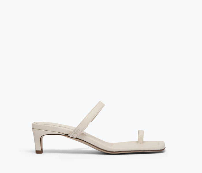 Freda Salvador Aurora Sandal heel in macadamia calf leather, front view showcasing stylish design and sleek heel.