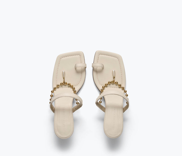 FREDA SALVADOR Aurora Sandal heel with macadamia-colored calf chain top and stylish open-toe design.