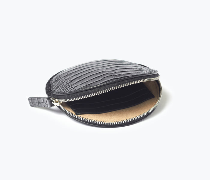 Freda Salvador AVA Circle Cardholder Pouch inside view showing compact leather bag with circular design and card slots.