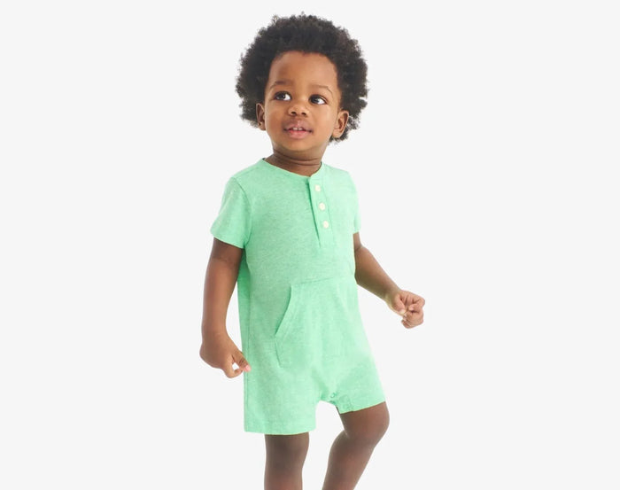 Child wearing Primary Baby Henley Romper - Clover. Available at www.tenlittle.com