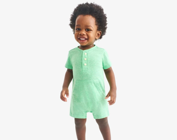 Child wearing Primary Baby Henley Romper - Clover. Available at www.tenlittle.com