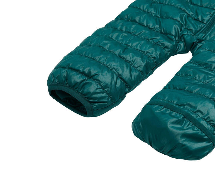 Close up fold over feet of Primary - Baby Lightweight Puffer Suit - Spruce - Available at www.tenlittle.com