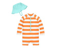 Front view of Primary Baby One-Piece Rash Guard & Hat Set - Cantaloupe White Stripe. Available at www.tenlittle.com