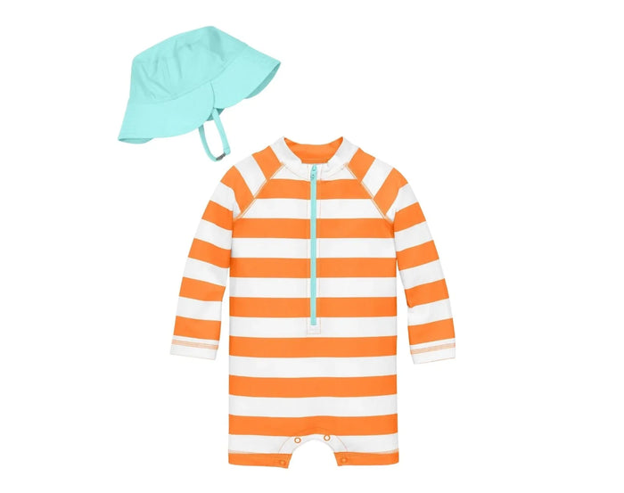 Front view of Primary Baby One-Piece Rash Guard & Hat Set - Cantaloupe White Stripe. Available at www.tenlittle.com