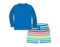 Front view of Primary Baby Rash Guard & Swim Trunks Set - Blueberry Rainbow Stripe. Available at www.tenlittle.com