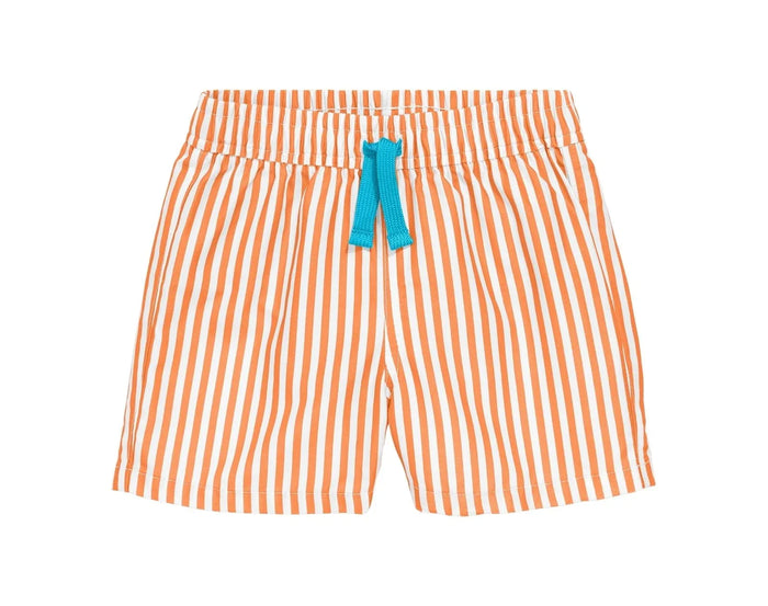 Front view of Primary Baby Swim Trunks - Cantaloupe White Stripe. Available at www.tenlittle.com
