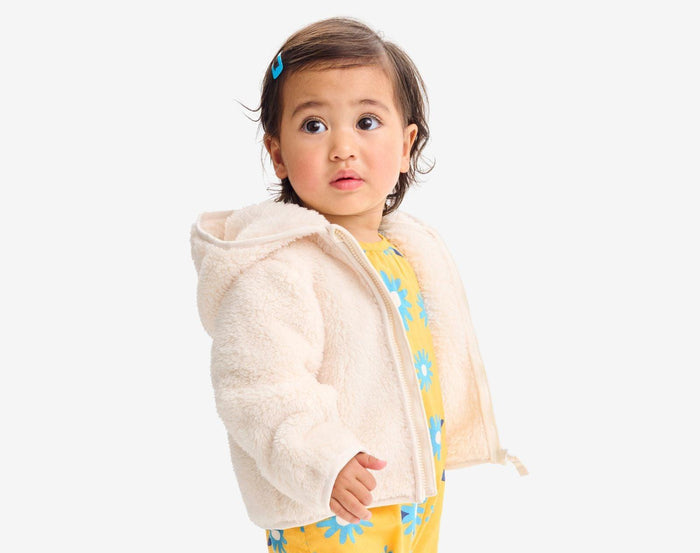 Baby wearing Primary - Baby Teddy Fleece Jacket - Oat - Available at www.tenlittle.com