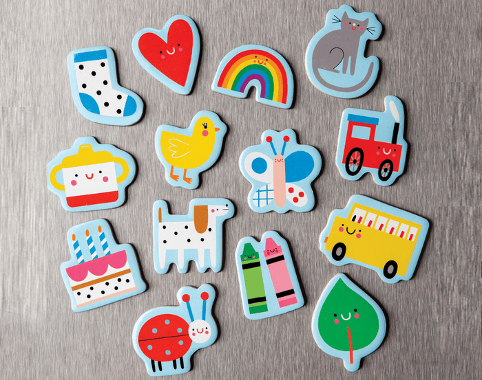 Mudpuppy Baby's First Words Wooden Magnetic Shapes on fridge - 35 Pieces. Available at www.tenlittle.com